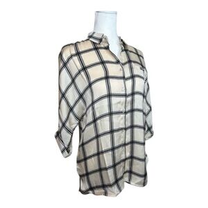 Timing cream and black plaid high low blouse with keyhole back size small